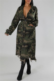 Dark Green Casual Camouflage Print Ripped Buttons With Belt Turndown Collar Outerwear