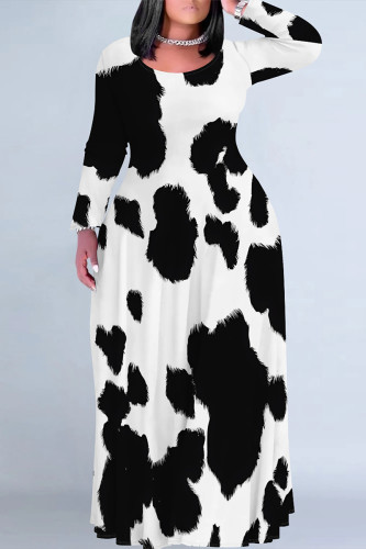White Casual Street Geometric Print Flowers Contrast O Neck Printed Plus Size Dresses