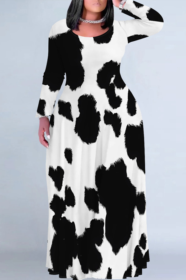 White Casual Street Geometric Print Flowers Contrast O Neck Printed Plus Size Dresses