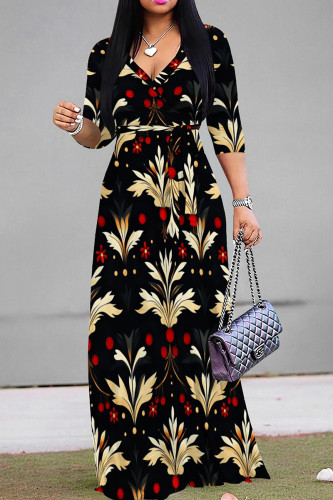 Black Gold Casual Print Patchwork Strap Design V Neck Long Dresses