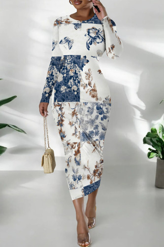 White Casual Print Patchwork O Neck Long Dresses