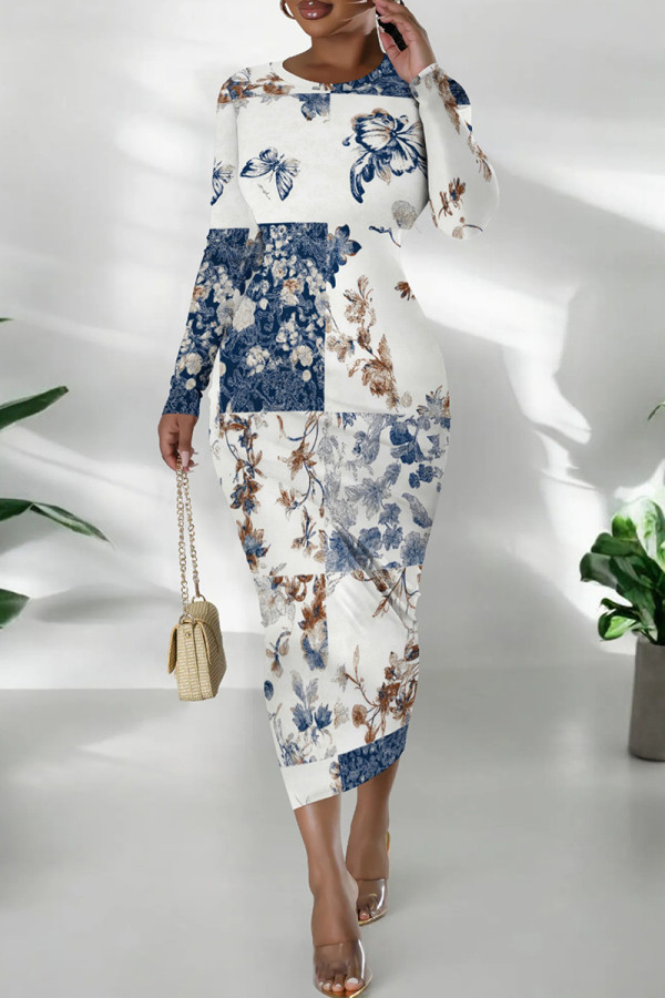 White Casual Print Patchwork O Neck Long Dresses