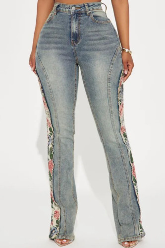Blue Casual Print Pocket Buttons Patchwork Zipper High Waist Regular Denim Jeans