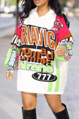 White Orange Casual Letters Patchwork Hooded Tops