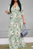 Gray White Casual Print Patchwork Strap Design V Neck Long Dresses