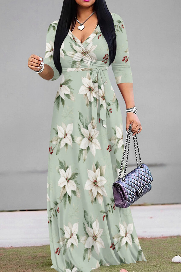 Light Green Casual Print Patchwork Strap Design V Neck Long Dresses
