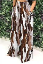Brown Casual Street Striped Print Pocket Contrast Loose High Waist Wide Leg Full Print Bottoms