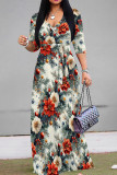 Gray White Casual Print Patchwork Strap Design V Neck Long Dresses