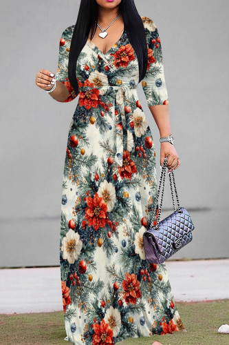 White Red Casual Print Patchwork Strap Design V Neck Long Dresses