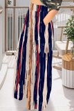 Brown Casual Street Striped Print Pocket Contrast Loose High Waist Wide Leg Full Print Bottoms