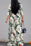 Gray White Casual Print Patchwork Strap Design V Neck Long Dresses