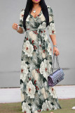 Gray White Casual Print Patchwork Strap Design V Neck Long Dresses
