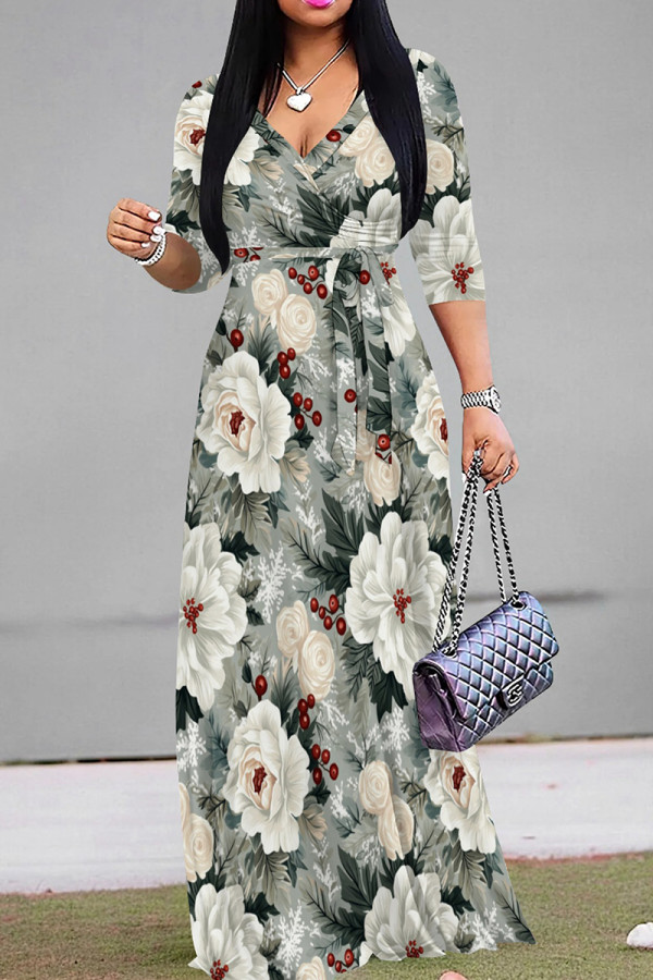 Gray White Casual Print Patchwork Strap Design V Neck Long Dresses