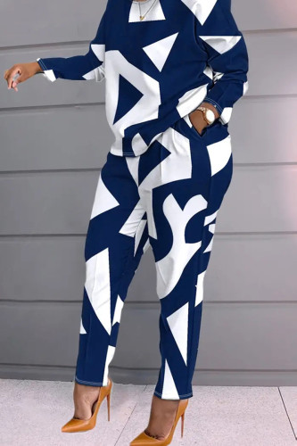 Navy Blue Casual Print Pocket Patchwork O Neck Plus Size Two Pieces