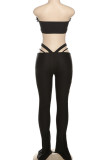 Black Sexy Solid Color Hollow Out Patchwork Strapless Two Pieces