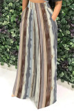 Brown Casual Street Striped Print Pocket Contrast Loose High Waist Wide Leg Full Print Bottoms