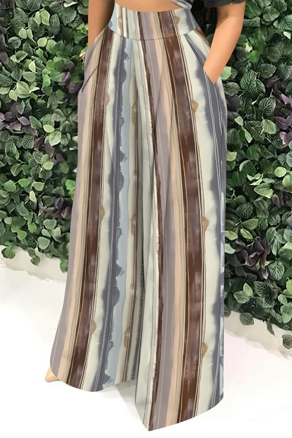 Stripe Casual Street Striped Print Pocket Contrast Loose High Waist Wide Leg Full Print Bottoms