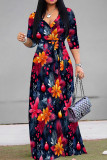 Gray White Casual Print Patchwork Strap Design V Neck Long Dresses