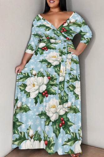 Green White Casual Print Patchwork Strap Design V Neck Long Plus Size Dresses