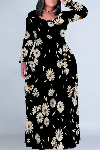 Black Casual Street Geometric Print Flowers Contrast O Neck Printed Plus Size Dresses