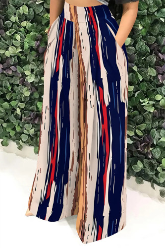 Red Blue Casual Street Striped Print Pocket Contrast Loose High Waist Wide Leg Full Print Bottoms