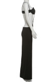 Black Sexy Solid Color Hollow Out Patchwork Slit Spaghetti Strap Sling Dresses
