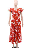 Red Elegant Print Patchwork V Neck Long Dresses