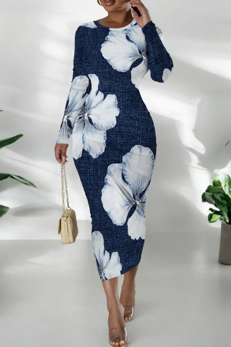 Blue White Casual Print Patchwork O Neck Long Dresses