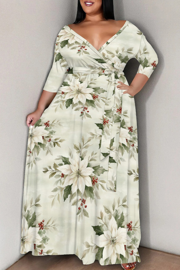 Apricot Casual Print Patchwork Strap Design V Neck Long Plus Size Dresses