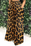 Orange Blue Casual Print Pocket Patchwork Loose High Waist Wide Leg Full Print Bottoms