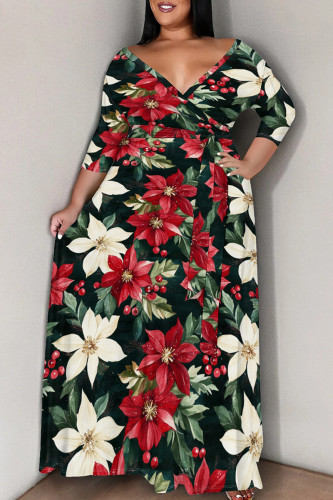 Red Green Casual Print Patchwork Strap Design V Neck Long Plus Size Dresses