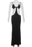 Black Sexy Solid Color Hollow Out Patchwork Slit Spaghetti Strap Sling Dresses