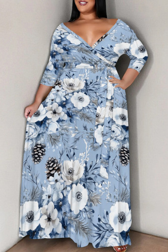 Blue Casual Print Patchwork Strap Design V Neck Long Plus Size Dresses