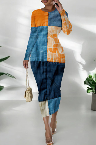 Blue Orange Casual Print Patchwork O Neck Long Dresses