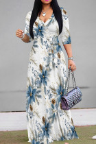 White Blue Casual Print Patchwork Strap Design V Neck Long Dresses