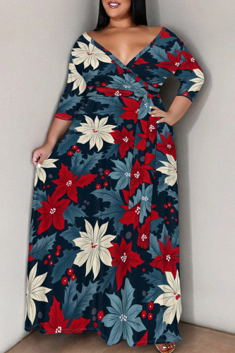 Tibetan Blue Casual Print Patchwork Strap Design V Neck Long Plus Size Dresses