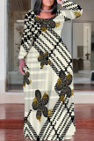 Black Casual Street Geometric Print Flowers Contrast O Neck Printed Plus Size Dresses