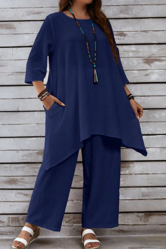 Navy Blue Casual Solid Color Pocket Patchwork O Neck Plus Size Two Pieces