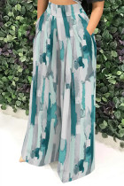 Cyan Casual Street Striped Print Pocket Contrast Loose High Waist Wide Leg Full Print Bottoms