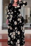 Black Casual Street Geometric Print Flowers Contrast O Neck Printed Plus Size Dresses