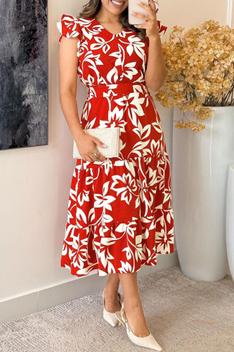 Red Elegant Print Patchwork V Neck Long Dresses