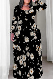 Black Casual Street Geometric Print Flowers Contrast O Neck Printed Plus Size Dresses