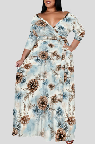 White Brown Casual Print Patchwork Strap Design V Neck Long Plus Size Dresses