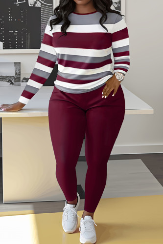 Burgundy Casual Colorblock Patchwork O Neck Plus Size Two Pieces