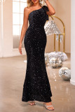 Black Sexy Prom Solid Color Sequins Sequined Bow Decor Sloping Shoulder Evening Dresses