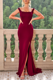 Burgundy Sexy Prom Solid Color Slit Square Neck Evening Dresses
