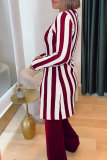 Black Daily Elegant Stripe Slit O Neck Long Sleeve Two Pieces