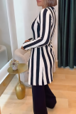Black Daily Elegant Stripe Slit O Neck Long Sleeve Two Pieces