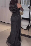 Black Sexy Prom Solid Color Sequined Mesh Hot Drill Off Shoulder Evening Dresses