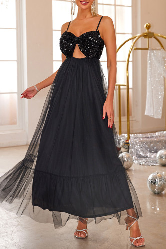 Black Sexy Solid Color Sequins Patchwork Sequined Mesh V Neck Evening Dresses